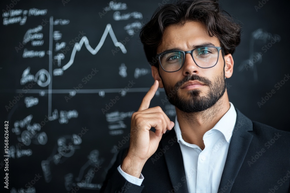 A thoughtful man stands before a blackboard, contemplating a graph sketched behind him, embodying the idea of analysis and critical thinking in business. A thoughtful man stands before a blackboard, contemplating a graph sketched behind him, embodying the idea of analysis and critical thinking in business.