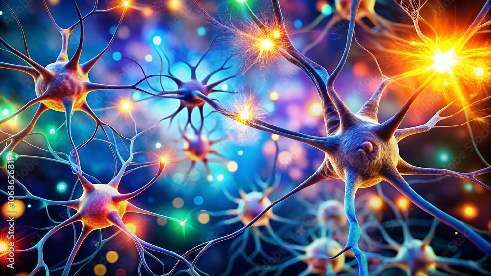 Stunning Bokeh Effect of Neuron Nerve Cells Illustrating Neural Connections and Brain Activity in a Vibrant, Colorful Background for Scientific and Artistic Uses Stunning Bokeh Effect of Neuron Nerve Cells Illustrating Neural Connections and Brain Activity in a Vibrant, Colorful Background for Scientific and Artistic Uses