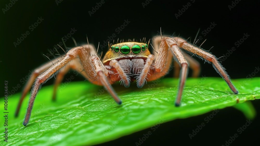Close-up macro image of a jumping spider with vibrant green eyes perched on a bright green leaf against a dark background, showcasing detailed leg hairs and facial features. Close-up macro image of a jumping spider with vibrant green eyes perched on a bright green leaf against a dark background, showcasing detailed leg hairs and facial features.