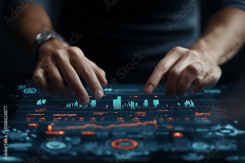 A futuristic interface displays financial data visualizations with hands hovering over the display, indicating interaction with high-tech, advanced systems and information.