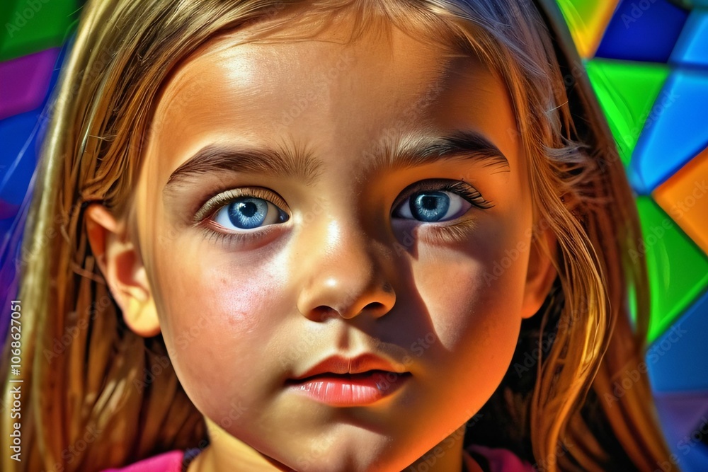 cute little girl with smooth facial features,blue,green,yellow,orange cute little girl with smooth facial features,blue,green,yellow,orange
