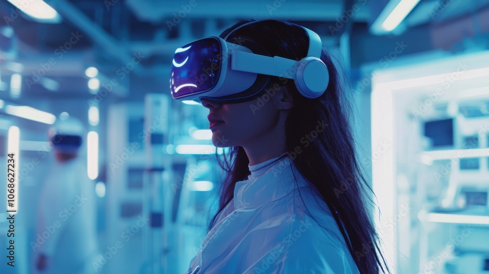Woman in virtual reality lab wearing VR headset exploring immersive digital world futuristic lab environment filled with tech devices creative exploration of digital boundaries modern Woman in virtual reality lab wearing VR headset exploring immersive digital world futuristic lab environment filled with tech devices creative exploration of digital boundaries modern