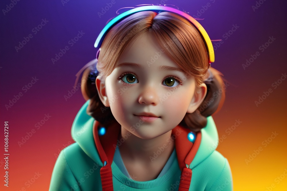 cute little girl with smooth facial features,blue,green,yellow,orange cute little girl with smooth facial features,blue,green,yellow,orange