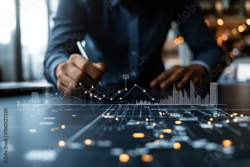 Close-up of a businessman intensely focusing on a digital representation of financial graphs and data analysis, embodying financial strategy and economic foresight. photo