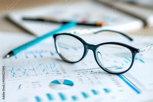 A close-up view of eyeglasses placed on a spread of analytical charts and graphs with a pen, highlighting the connection between vision and data analysis.