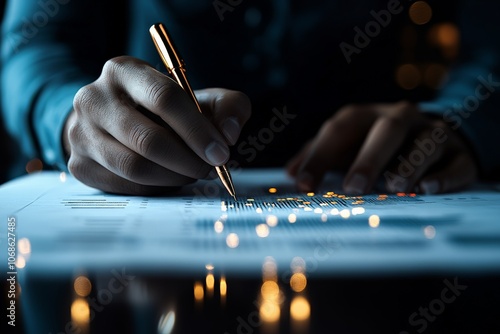 A close-up of a hand using a golden pen to sign documents on a desk, symbolizing professionalism, meticulousness, and attention to detail in business tasks. photo