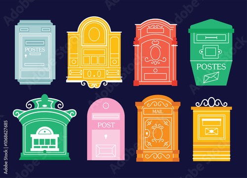 Mailboxes, Postal vintage letterboxes in various colors set. Different postboxes, mail. Postal service and communication concept. Hand drawn modern vector illustration isolated on background 