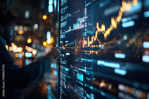 An individual engages with a large interactive display, examining complex financial graphs and tables, symbolizing innovation and digital transformation in data analysis.