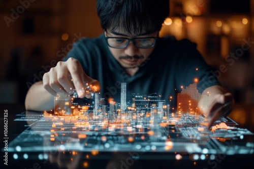 A man interacts with a digital model of a city, using advanced technology to visualize urban planning in a high-tech setting filled with glowing elements.