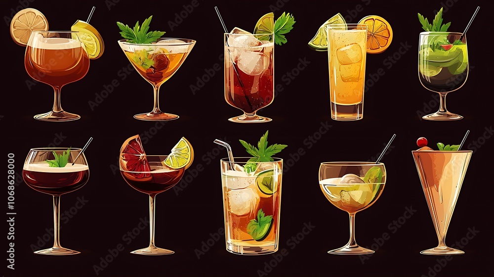 Set of 10 Different Cocktails with Ice, Fruits and Greens. Set of 10 Different Cocktails with Ice, Fruits and Greens.