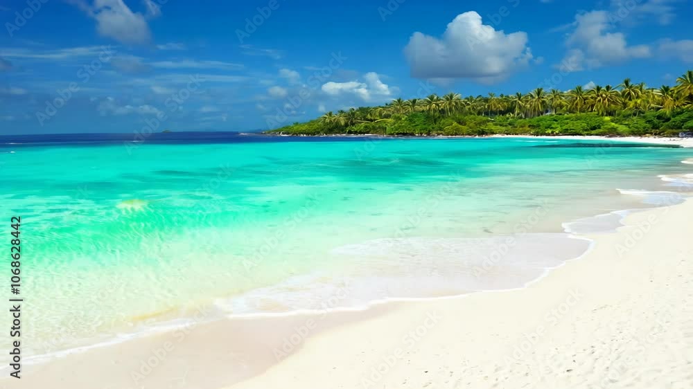 Sweeping pan video of pristine white sand beach with turquoise waters, palm trees, midday light, and gentle waves. Sweeping pan video of pristine white sand beach with turquoise waters, palm trees, midday light, and gentle waves.