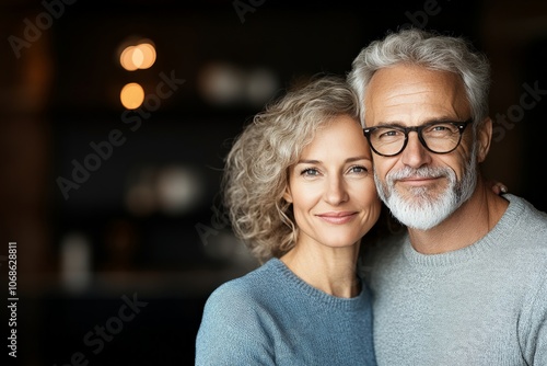 An elderly couple smiles happily at the camera, showcasing warmth and affection, embodying love, companionship, and enduring relationships in their golden years.