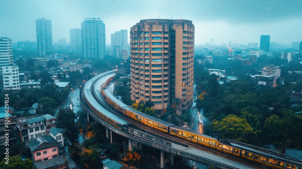 Fototapeta premium Urban Cityscape with Elevated Train and Skyscrapers on a Cloudy Day Capturing Modern Architecture and Transportation