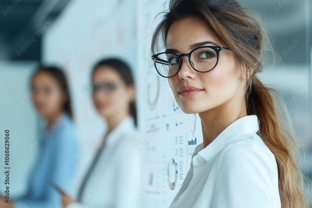 Fototapeta premium A confident woman wearing glasses stands in a meeting room, embodying leadership and professionalism in a collaborative business environment.