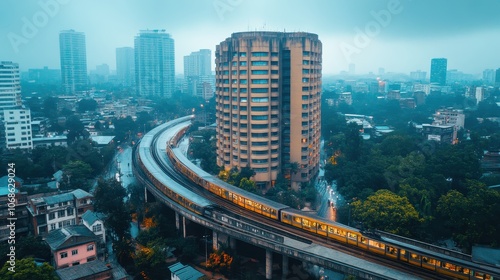 Urban Cityscape with Elevated Train and Skyscrapers on a Cloudy Day Capturing Modern Architecture and Transportation photo