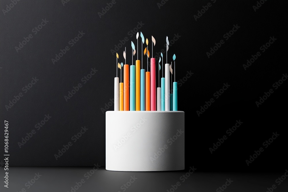 Tall, multicolored candles arranged in a white cylindrical holder, symbolizing creativity and celebration, presented in a contemporary artistic setting. Tall, multicolored candles arranged in a white cylindrical holder, symbolizing creativity and celebration, presented in a contemporary artistic setting.