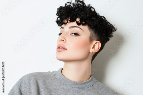  amodern woman in minimalist gray sweatshirt, short textured hair, white background photo