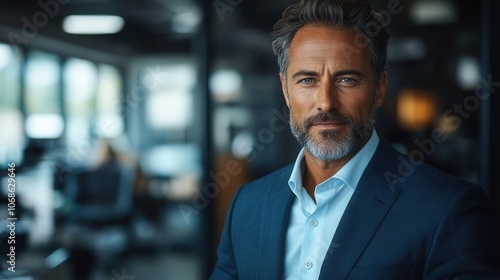 mature businessman in a sleek office, dressed sharply, exuding confidence as he engages in a meeting. the modern environment reflects professionalism