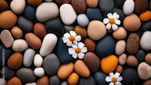 Colorful smooth pebbles of various sizes arranged with white flowers scattered among them creating a natural, harmonious aesthetic pattern