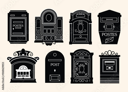 Mailboxes silhouet, Postal vintage letterboxes set. Different postboxes, mail. Postal service and communication concept. Hand drawn modern vector illustration isolated on background 