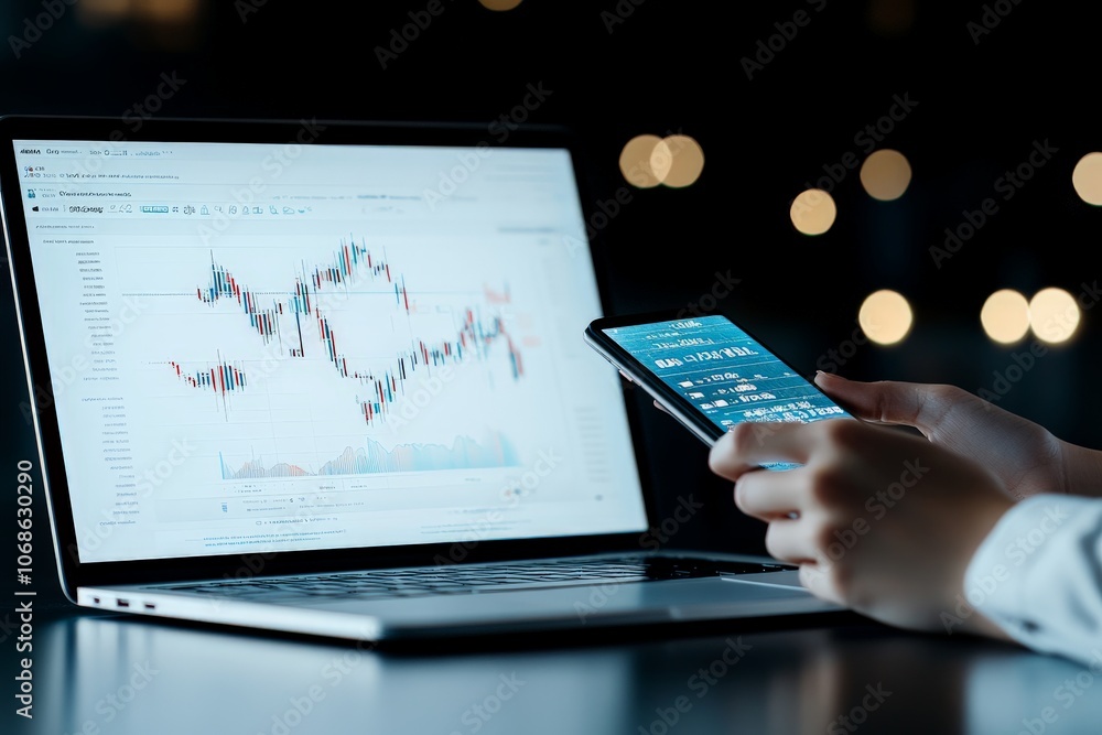 Hands are seen managing stock trading on a laptop and smartphone, demonstrating the integration of technology and finance in efficient market operations. Hands are seen managing stock trading on a laptop and smartphone, demonstrating the integration of technology and finance in efficient market operations.