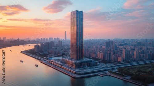 Wallpaper Mural Stunning Aerial View of Modern Skyscraper at Sunset Overlooking Urban Cityscape and River Torontodigital.ca