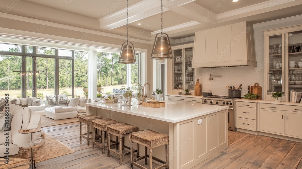 Fototapeta premium Modern Kitchen with Island, Pendant Lights, and Window Views