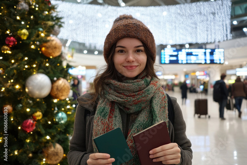 Woman at the airport with passports during holiday season photo