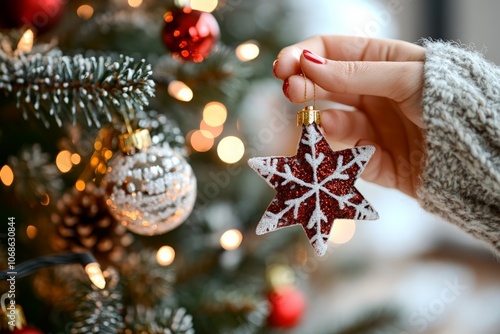 A hand places a star ornament on a Christmas tree adorned with lights and red and gold baubles, evoking the warmth and tradition of holiday celebrations. photo