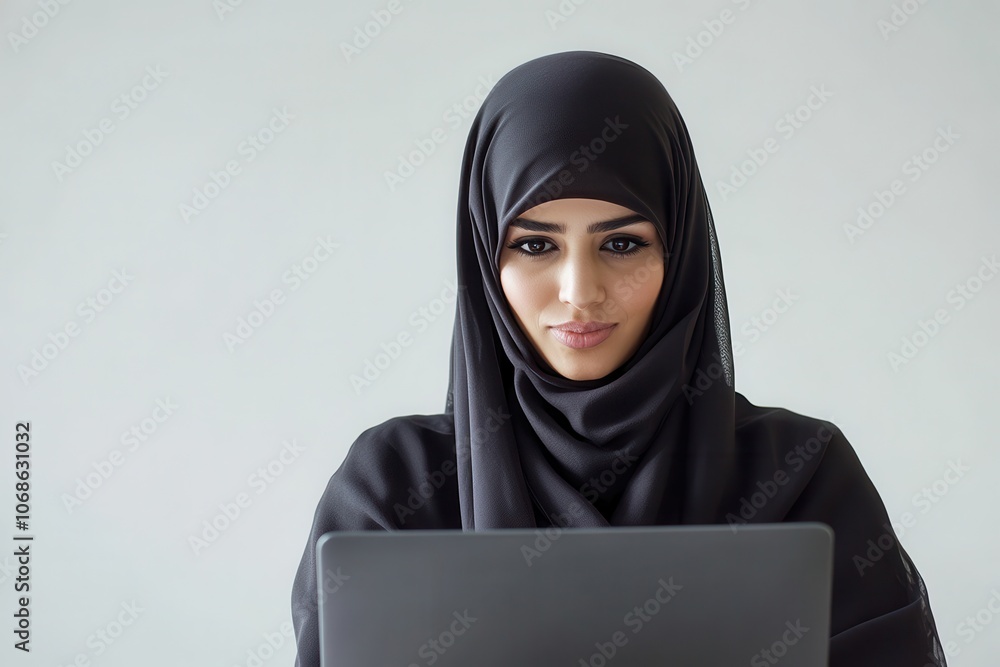 Muslim Woman Wearing Hijab Using a Laptop Muslim Woman Wearing Hijab Using a Laptop