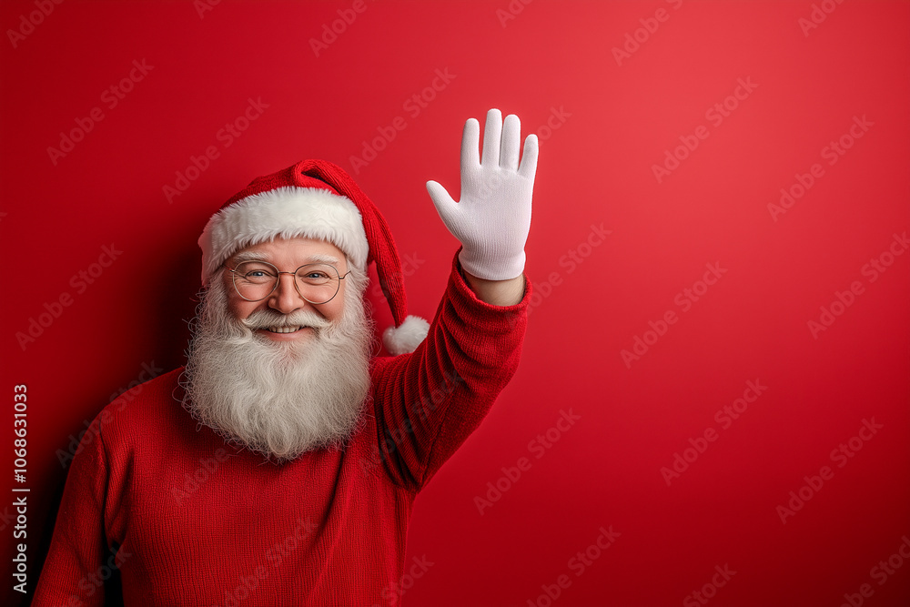 A man in a red sweater with a white hat and glasses is waving A man in a red sweater with a white hat and glasses is waving