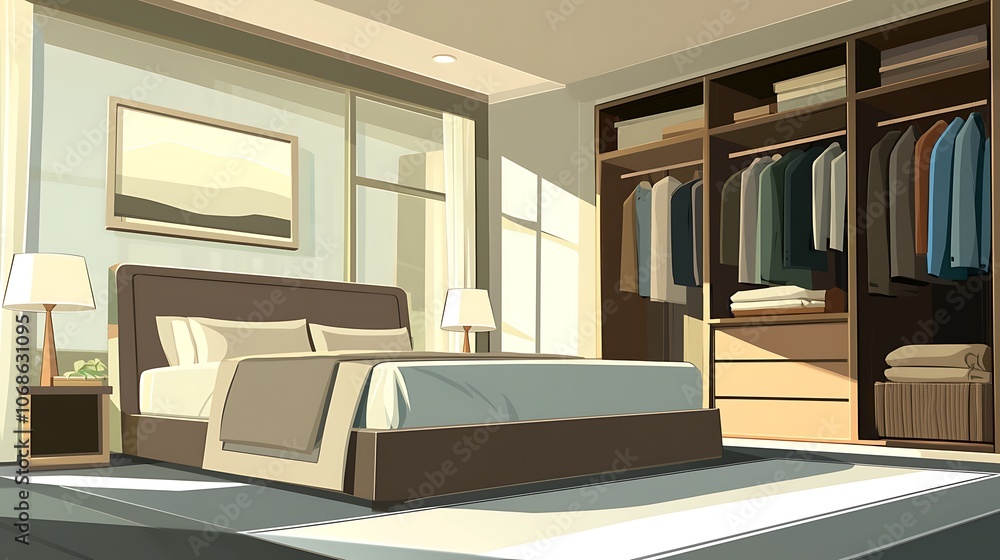 Fototapeta premium Modern Bedroom Interior Design with Walk-In Closet.