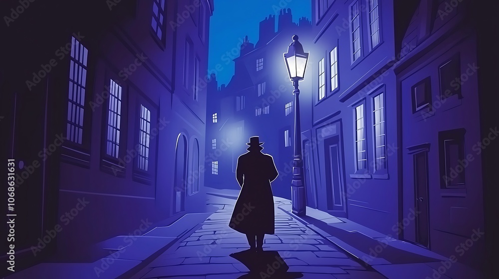 Silhouette of a man walking in a dark alley lit by a single street lamp. Silhouette of a man walking in a dark alley lit by a single street lamp.