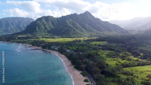 Wallpaper Mural Incredible aerial view dramatic mountains blue ocean at Kualoa Ranch park, Punaluu beach park. Coast of Oahu island Hawaii USA. Beautiful nature view of green jungle mountain peaks with tropical beach Torontodigital.ca