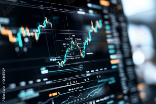 Vibrant financial graphs depict dynamic market trends, illustrating the complexities of trading and investment with an aesthetic mix of curves and patterns.