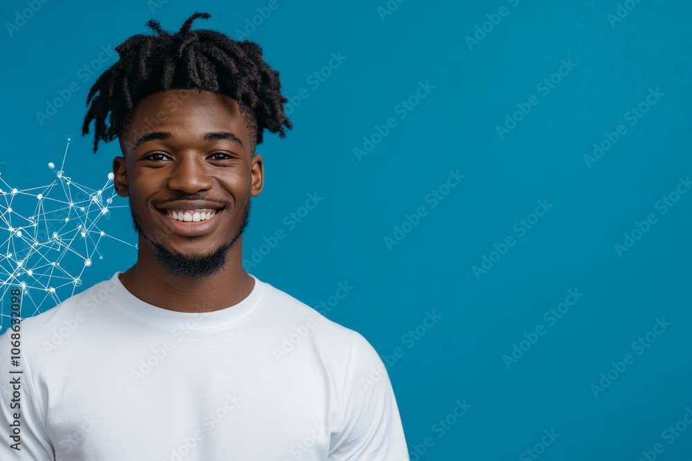 A cheerful young man smiling while standing against a blue background with network connections, symbolizing joy, youth, and the digital age's connectedness. A cheerful young man smiling while standing against a blue background with network connections, symbolizing joy, youth, and the digital age's connectedness.