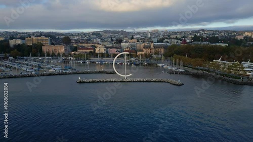 Push in drone shot of Eole Sculpture in Ouchy Lausanne in Switzerland photo