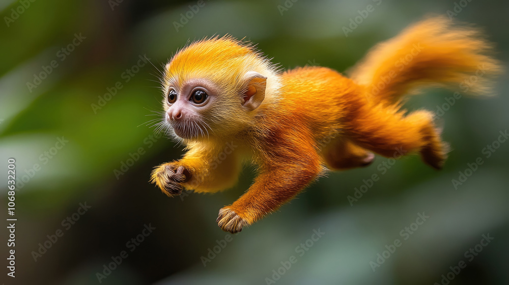 The golden monkey springs energetically through dense foliage, showcasing agility and vibrant fur while exploring its verdant habitat The golden monkey springs energetically through dense foliage, showcasing agility and vibrant fur while exploring its verdant habitat