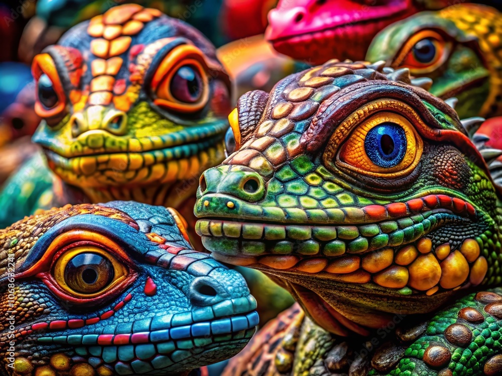 Obraz premium Stunning Macro Photography of a Set of Colorful Painted Reptilian Heads Showcasing Intricate Details and Vibrant Textures for Artistic and Nature Enthusiasts