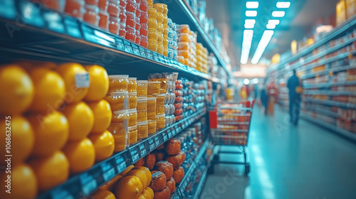 Wallpaper Mural A grocery store aisle showcases vibrant oranges and jars of preserves while shoppers navigate their carts in a bustling environment Torontodigital.ca