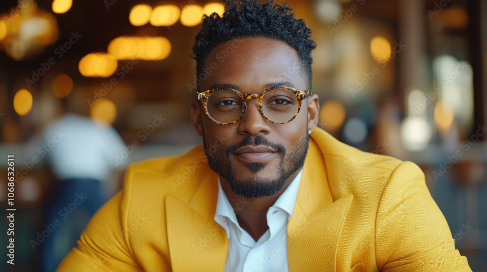 A man dressed in a bright yellow suit sits comfortably at a café, exuding confidence and enjoying a leisurely afternoon with a warm ambiance A man dressed in a bright yellow suit sits comfortably at a café, exuding confidence and enjoying a leisurely afternoon with a warm ambiance