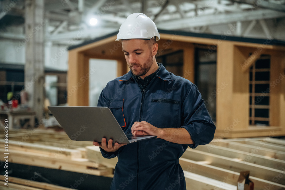 Laptop in hands. Male builder is at construction of wooden house Laptop in hands. Male builder is at construction of wooden house