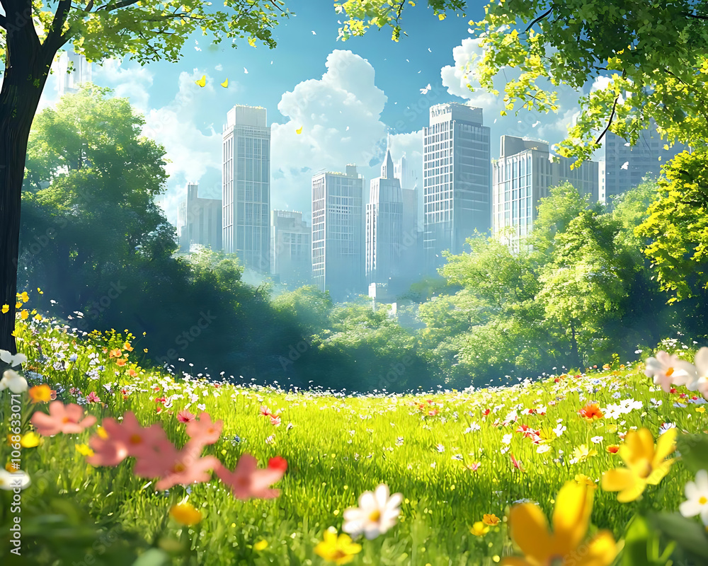 vibrant cityscape with blooming flowers and lush greenery, showcasing harmonious blend of nature and urban life. scene evokes sense of tranquility and beauty vibrant cityscape with blooming flowers and lush greenery, showcasing harmonious blend of nature and urban life. scene evokes sense of tranquility and beauty
