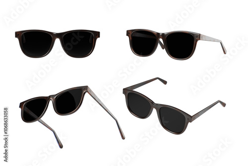 Multiple angles of black sunglasses with brown frames, isolated on a white background. Concept of eyewear styling. 3D Rendering photo