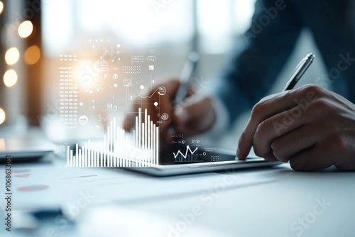 A professional's hands operate a tablet showing extensive data visualizations and charts, representing digital transformation, analytics, and strategic insights.