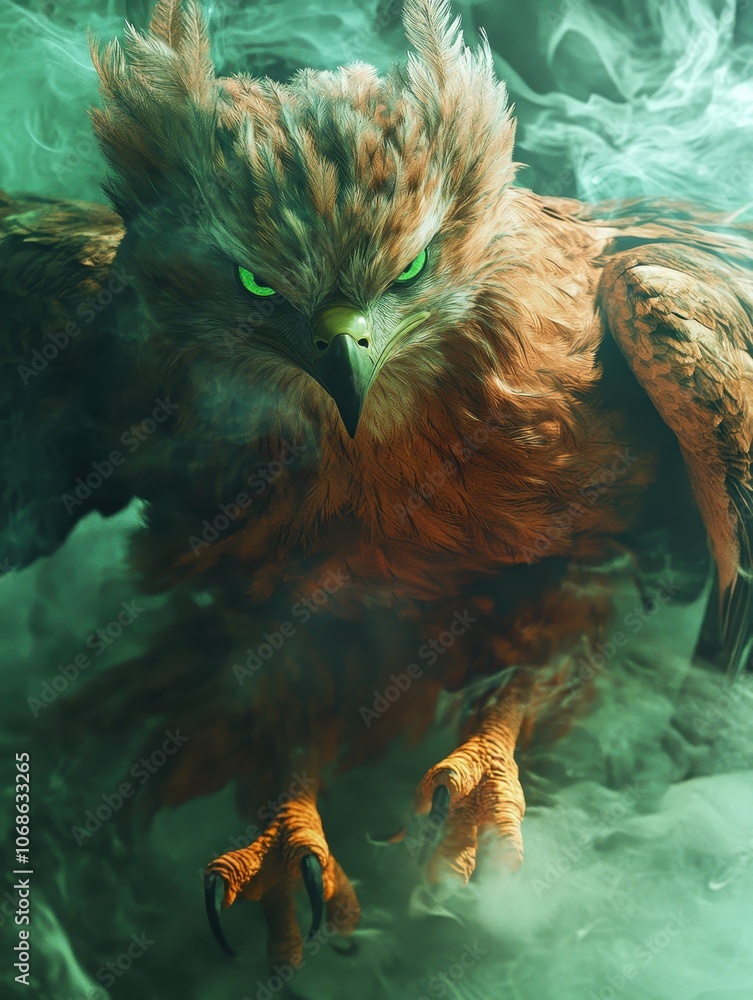 Majestic Mythical Owl with Glowing Eyes in Mystical Foggy Forest Setting Majestic Mythical Owl with Glowing Eyes in Mystical Foggy Forest Setting