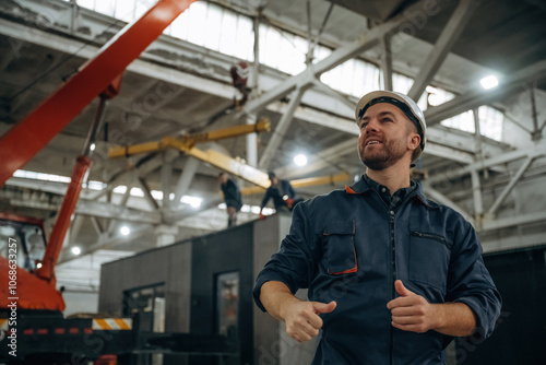 Wallpaper Mural Controlling the process, hand gestures, communication. Male worker is in the modern warehouse or manufacturing company Torontodigital.ca