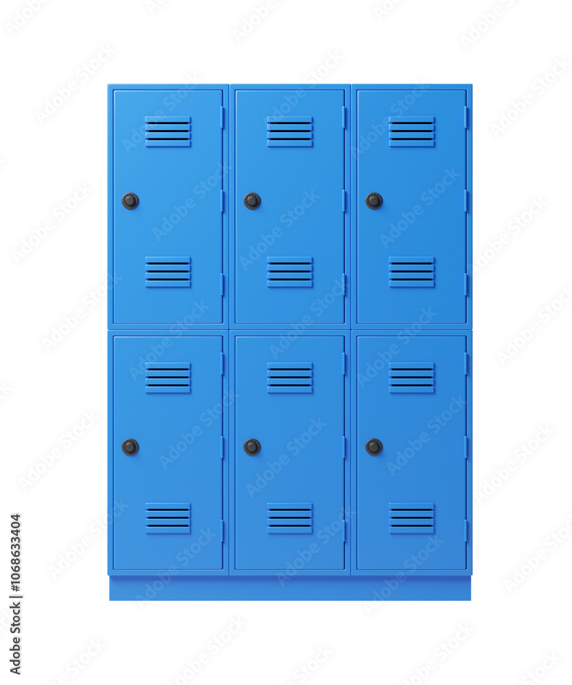 Blue lockers with six doors, isolated on a white background. Modern design concept for storage solutions and organization. 3D Rendering Blue lockers with six doors, isolated on a white background. Modern design concept for storage solutions and organization. 3D Rendering