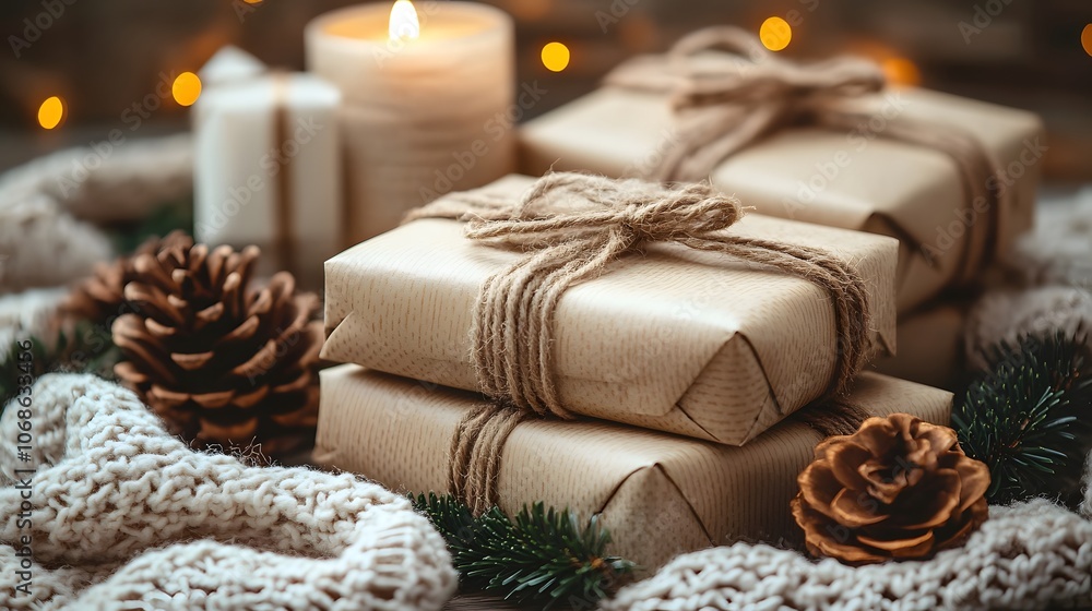 Small business setup with parcels and packing materials, online sales, laptop on desk Small business setup with parcels and packing materials, online sales, laptop on desk