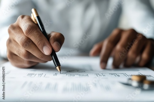 A close-up image shows a hand writing on a financial report, indicating the importance of detailed documentation and record-keeping in business. photo